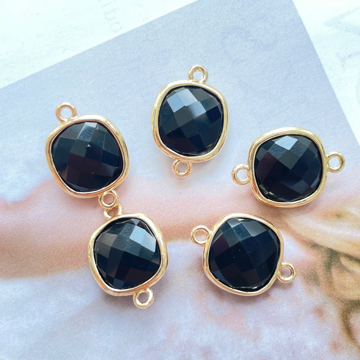 5pcs/Lot Gold Plated Bezel Labradorite Amethyst Rose Quartz White Quartz Tiger Eye Black Onyx Square Connectors Black Onyx Stone Charms New Charms Arrivals Charms Beads Beyond