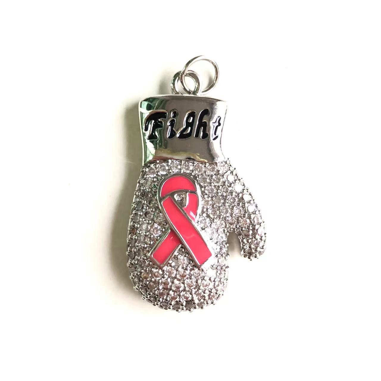 10pcs/lot CZ Pave Pink Ribbon Fight Gloves Charms - Breast Cancer Awareness CZ Paved Charms Breast Cancer Awareness New Charms Arrivals Charms Beads Beyond