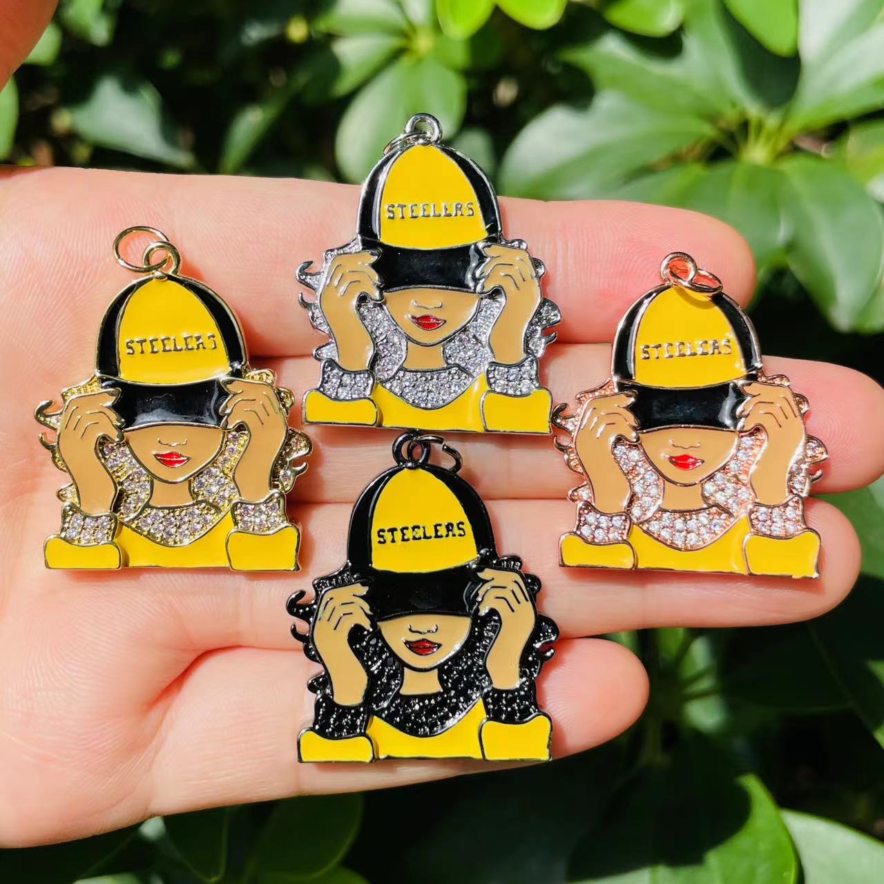 10pcs/lot CZ Paved Pittsburgh Steelers Afro Black Girl Charms CZ Paved Charms Afro Girl/Queen Charms American Football Sports New Charms Arrivals Charms Beads Beyond