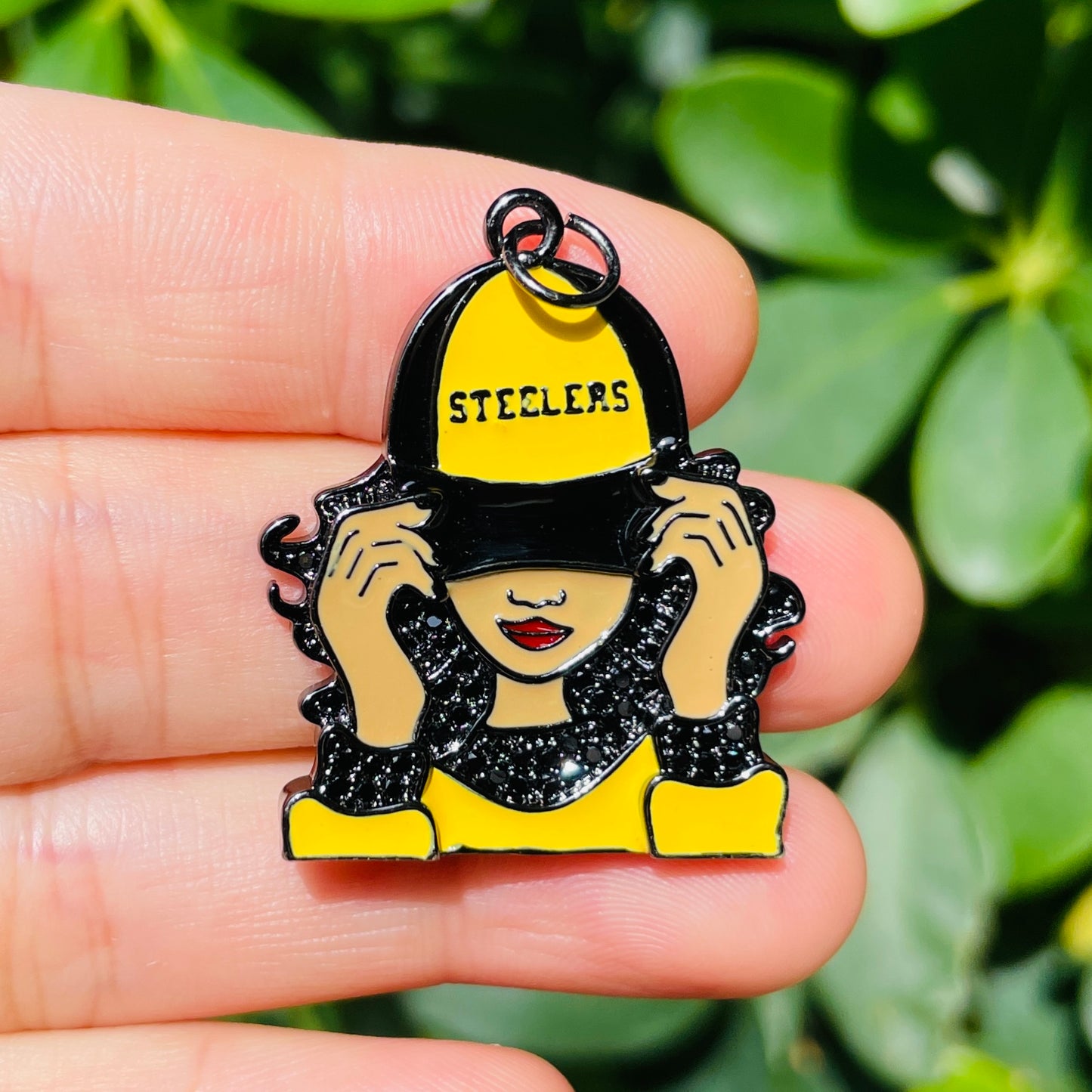 10pcs/lot CZ Paved Pittsburgh Steelers Afro Black Girl Charms CZ Paved Charms Afro Girl/Queen Charms American Football Sports New Charms Arrivals Charms Beads Beyond