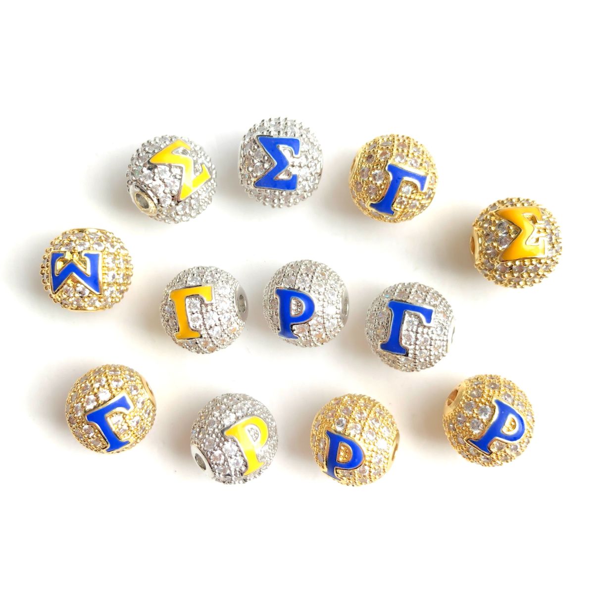 12pcs/lot 10mm Blue Yellow Enamel CZ Paved Greek Letter "Σ", "Γ", "Ρ" Ball Spacers Beads Mix Gold Silver-2 Letters Each CZ Paved Spacers 10mm Beads Ball Beads Greek Letters New Spacers Arrivals Charms Beads Beyond