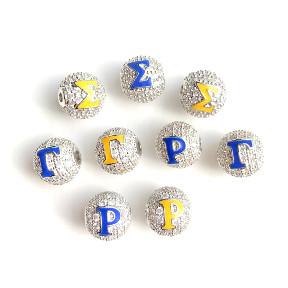 12pcs/lot 10mm Blue Yellow Enamel CZ Paved Greek Letter "Σ", "Γ", "Ρ" Ball Spacers Beads Mix Silver Letters 4 Letters Each CZ Paved Spacers 10mm Beads Ball Beads Greek Letters New Spacers Arrivals Charms Beads Beyond