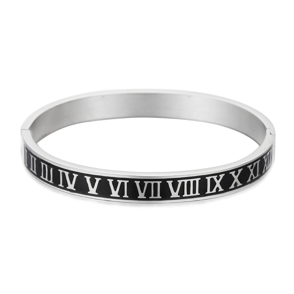 5pcs/lot Black Enamel Roman Numeral Stainless Steel Bangle for Men Round Banlge Silver Women & Men Bracelets Charms Beads Beyond