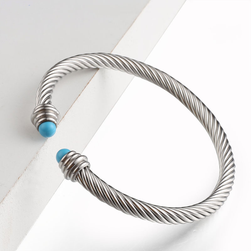 5pcs/lot Black Onyx Twist Stainless Steel Open Bangle for Women Turquoise Silver Women Bracelets Charms Beads Beyond