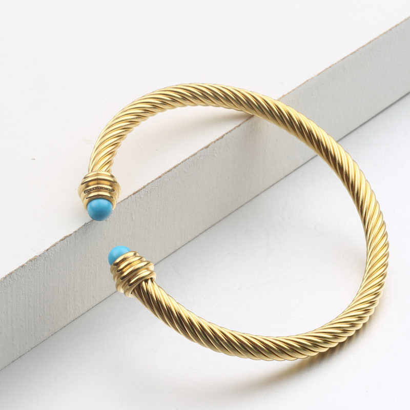 5pcs/lot Black Onyx Twist Stainless Steel Open Bangle for Women Turquoise Gold Women Bracelets Charms Beads Beyond