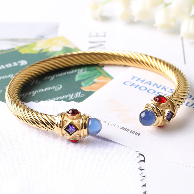 5pcs/lot Colorful Rhinestone Stainless Steel Rope Open Bangle for Women Women Bracelets Charms Beads Beyond