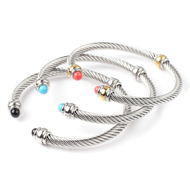5pcs/lot Black Onyx Turquoise Stainless Steel Open Bangle for Women Mix Random Styles Women Bracelets Charms Beads Beyond