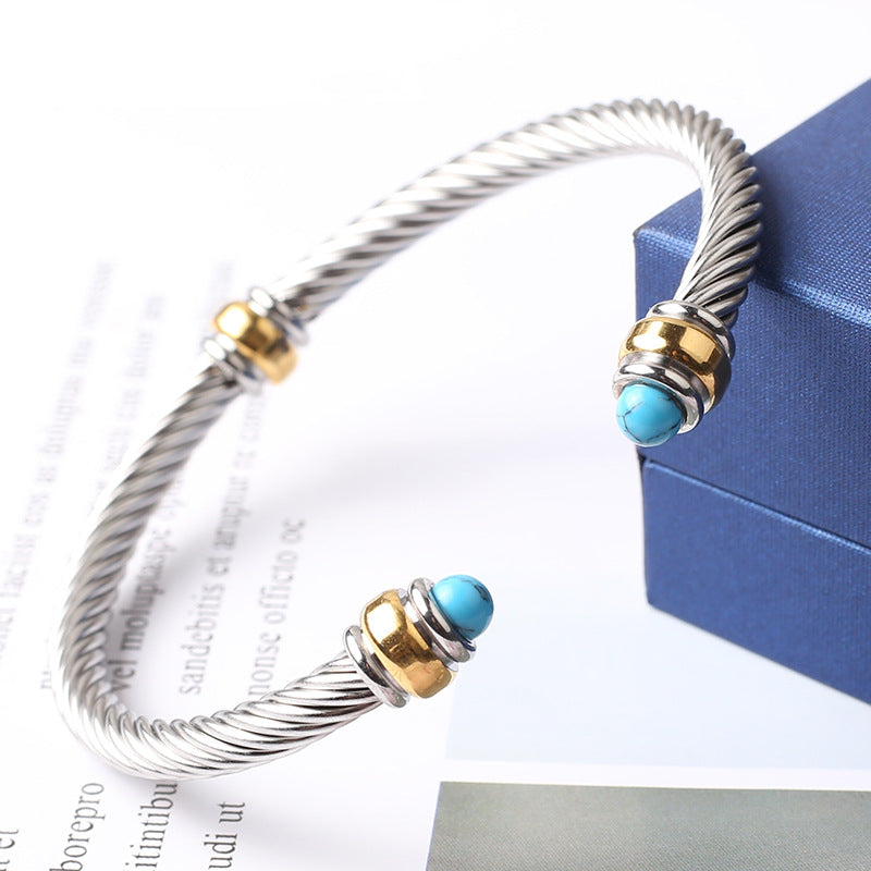5pcs/lot Black Onyx Turquoise Stainless Steel Open Bangle for Women Women Bracelets Charms Beads Beyond