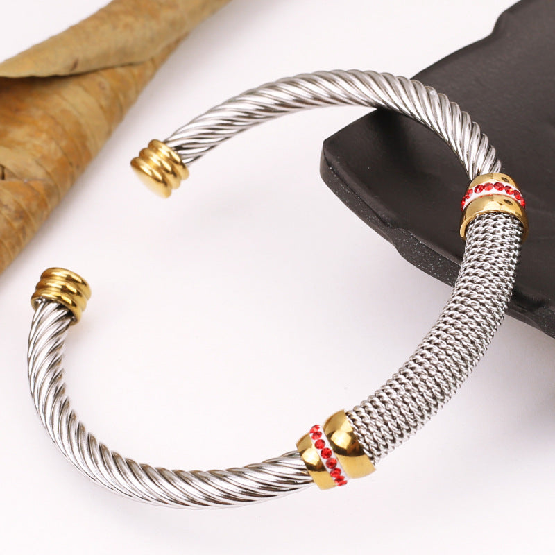 5pcs/lot Rhinestone Pave Stainless Steel Open Bangle for Women Red Rhinestone Women Bracelets Charms Beads Beyond