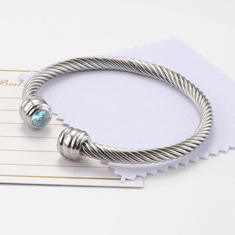 6-12pcs/lot Birthstone Open Silver Stainless Steel Bangle for Women March Women Bracelets Charms Beads Beyond