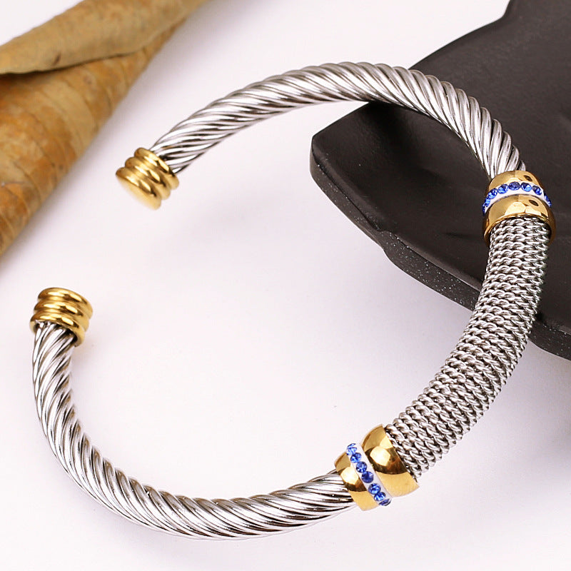 5pcs/lot Rhinestone Pave Stainless Steel Open Bangle for Women Blue Rhinestone Women Bracelets Charms Beads Beyond
