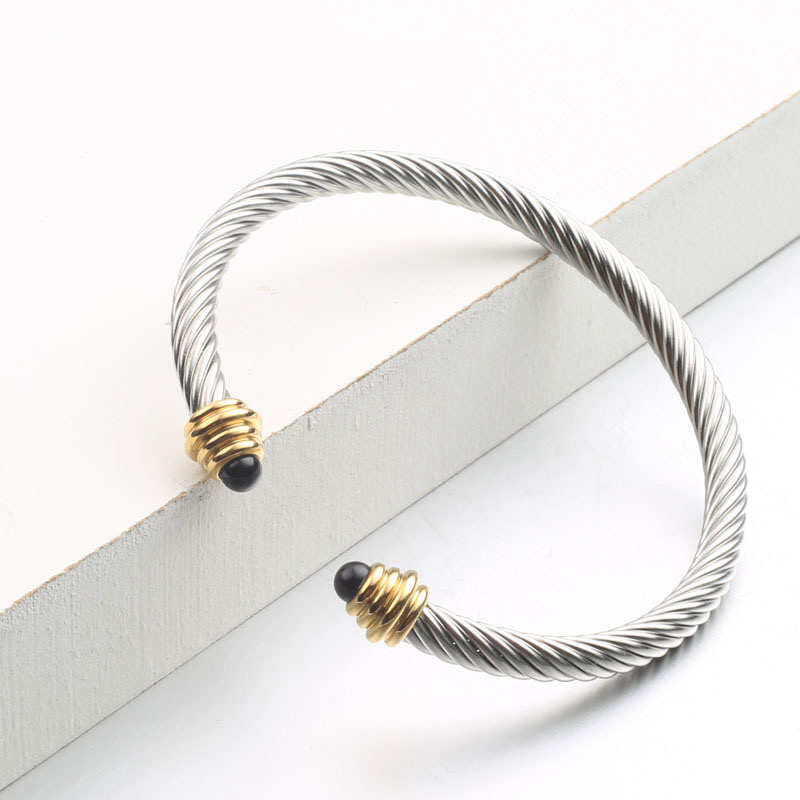 5pcs/lot Black Onyx Twist Stainless Steel Open Bangle for Women Black Onyx Silver Gold Women Bracelets Charms Beads Beyond