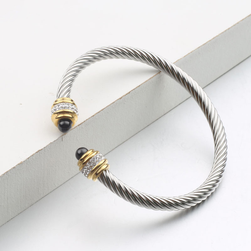 5pcs/lot Black Onyx Twist Stainless Steel Open Bangle for Women Black Onyx Gold Silver Women Bracelets Charms Beads Beyond