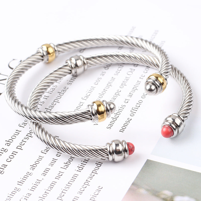 5pcs/lot Black Onyx Turquoise Stainless Steel Open Bangle for Women Women Bracelets Charms Beads Beyond