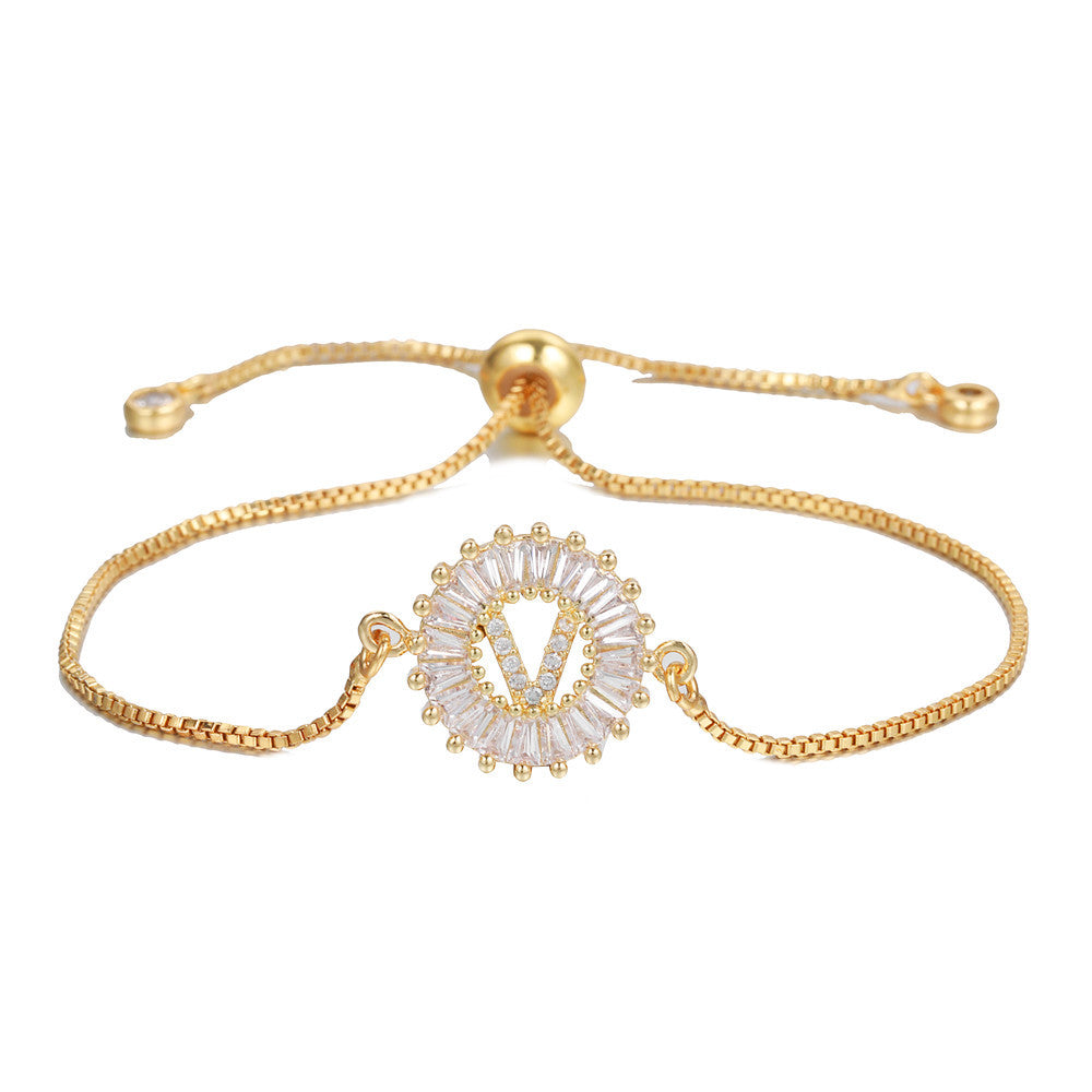 10pcs/lot Gold Plated CZ Paved Initial Alphabet Adjustable Bracelet Women Bracelets Charms Beads Beyond