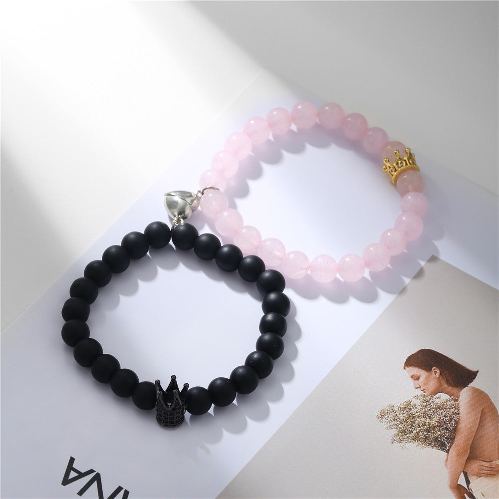 5 Sets/lot 8mm Rose Quartz Black Matte Stone Crown Bracelets Set for Valentine's Day Men Bracelets Charms Beads Beyond