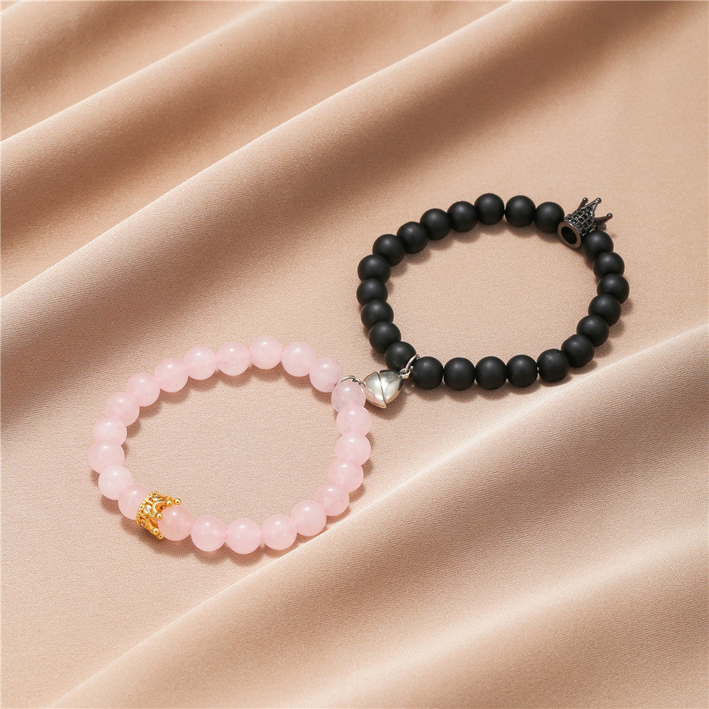 5 Sets/lot 8mm Rose Quartz Black Matte Stone Crown Bracelets Set for Valentine's Day Men Bracelets Charms Beads Beyond