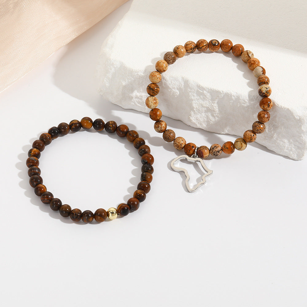5 Sets/Lot 8m Africa Map Brown Tiger Eye Map Stone Bracelets Sets for Men Men Bracelets Charms Beads Beyond