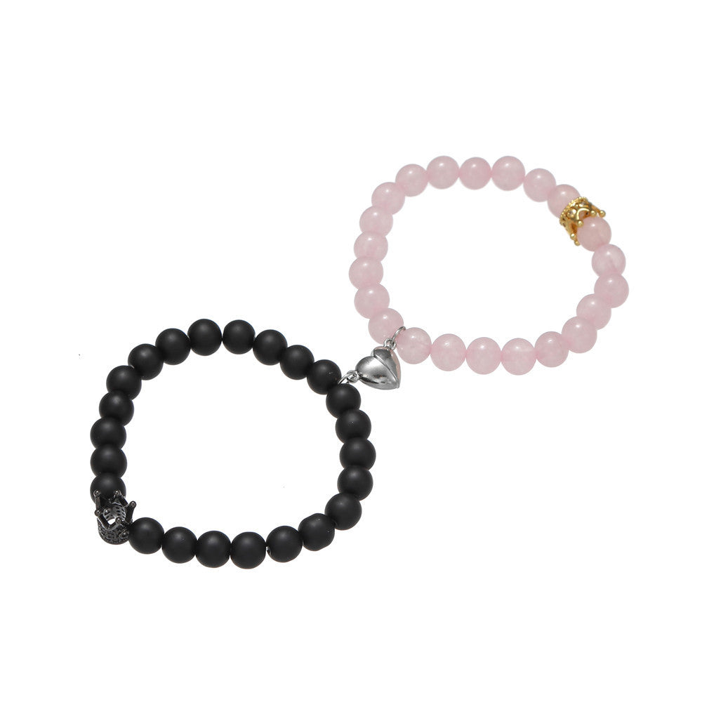 5 Sets/lot 8mm Rose Quartz Black Matte Stone Crown Bracelets Set for Valentine's Day Men Bracelets Charms Beads Beyond