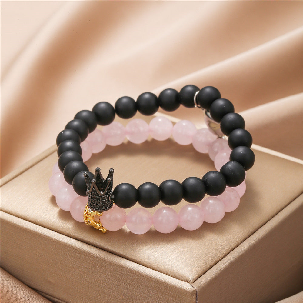 5 Sets/lot 8mm Rose Quartz Black Matte Stone Crown Bracelets Set for Valentine's Day Men Bracelets Charms Beads Beyond