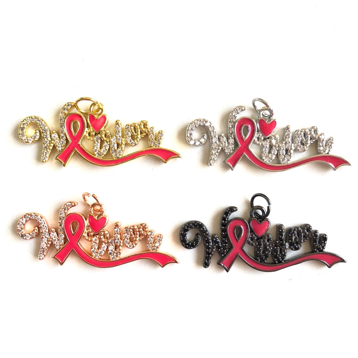 10pcs/lot CZ Pave Pink Ribbon Warrior Word Charms - Breast Cancer Awareness CZ Paved Charms Breast Cancer Awareness New Charms Arrivals Charms Beads Beyond