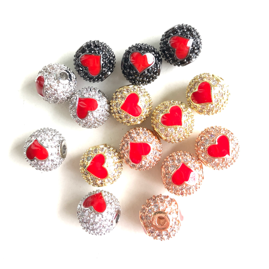 10-20pcs/lot 10mm CZ Paved Red Heart Ball Spacers Beads Mix Colors CZ Paved Spacers 10mm Beads Ball Beads New Spacers Arrivals Charms Beads Beyond