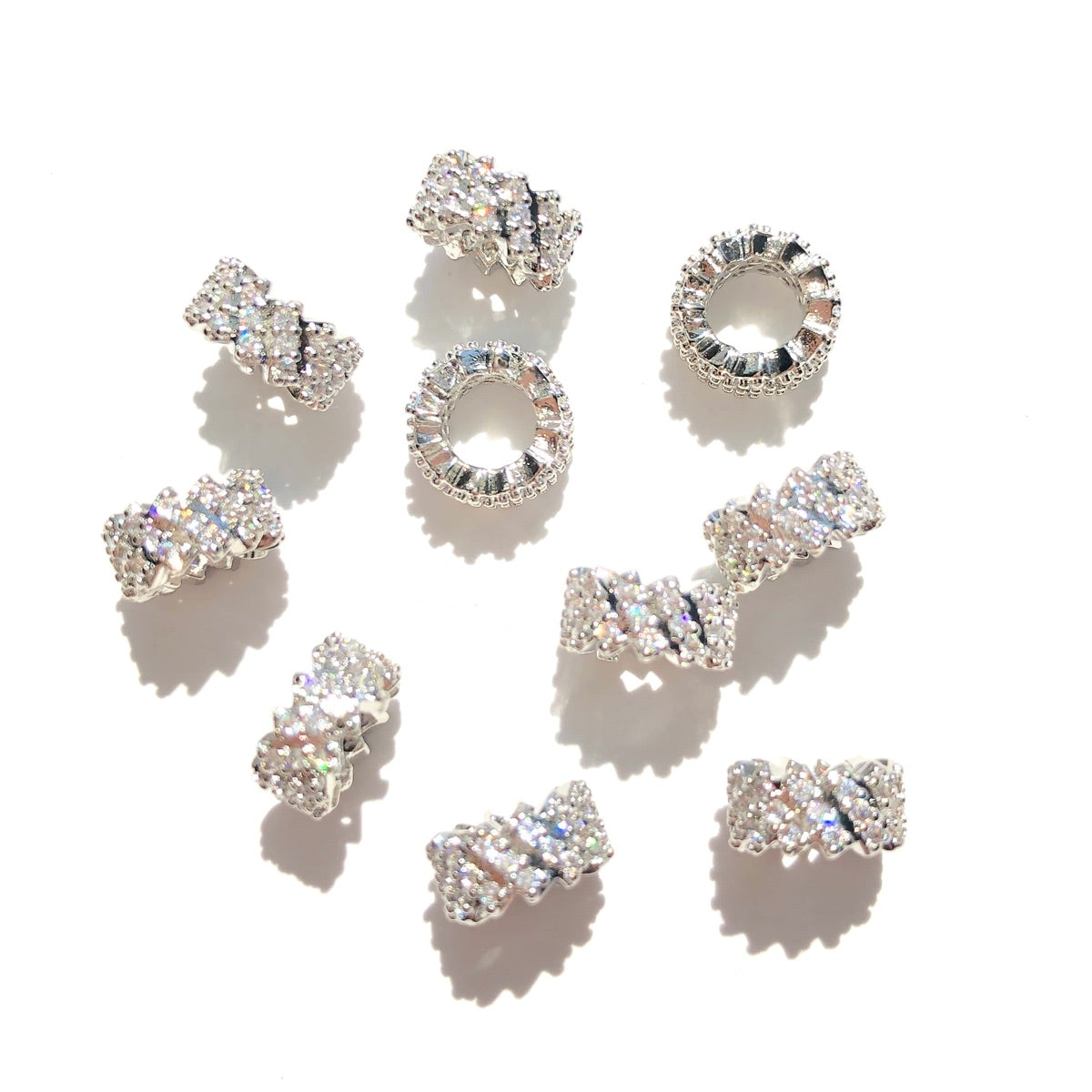 10-20-50pcs/lot 7.7mm CZ Paved Big Hole Rondelle Wheel Spacers Silver CZ Paved Spacers Big Hole Beads New Spacers Arrivals Rondelle Beads Wholesale Charms Beads Beyond