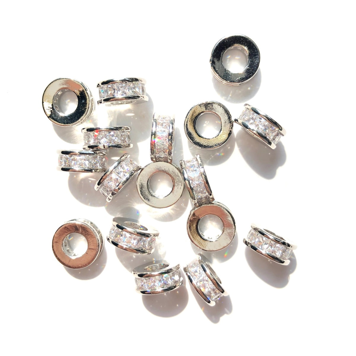 20-50pcs/lot 8*3.5mm Square CZ Paved Rondelle Wheel Spacers Silver CZ Paved Spacers Big Hole Beads New Spacers Arrivals Rondelle Beads Wholesale Charms Beads Beyond