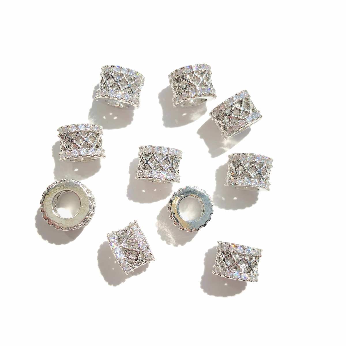 20-50pcs/lot 7.5mm CZ Paved Hollow Rondelle Wheel Spacers Silver CZ Paved Spacers New Spacers Arrivals Rondelle Beads Wholesale Charms Beads Beyond