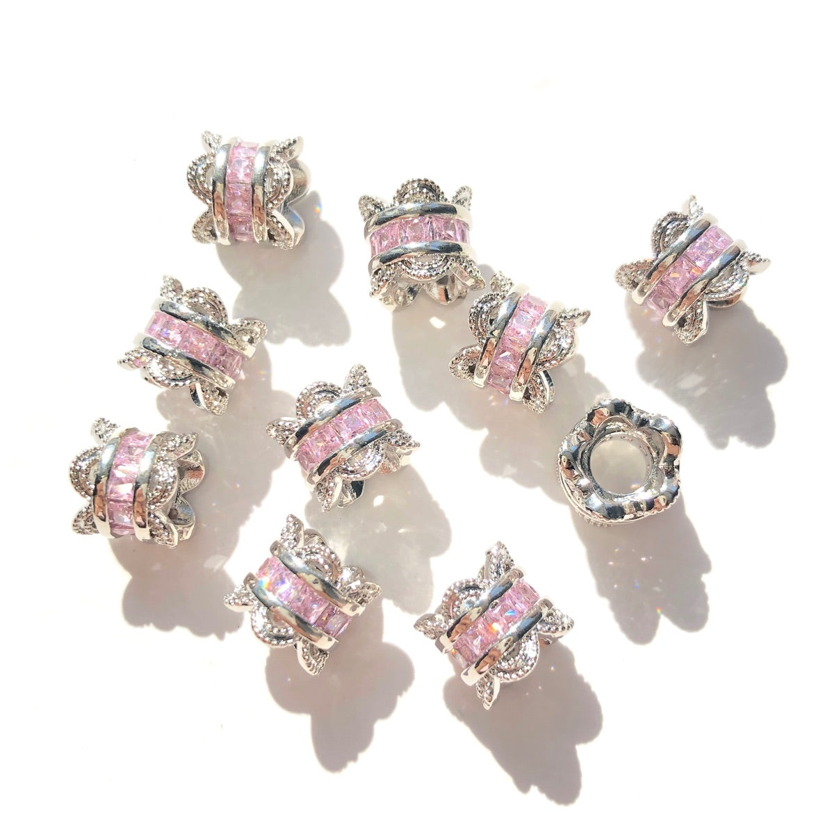 10-20-50pcs/lot 10mm Pink CZ Paved Big Hole Flower Rondelle Wheel Spacers Silver CZ Paved Spacers Big Hole Beads New Spacers Arrivals Rondelle Beads Wholesale Charms Beads Beyond