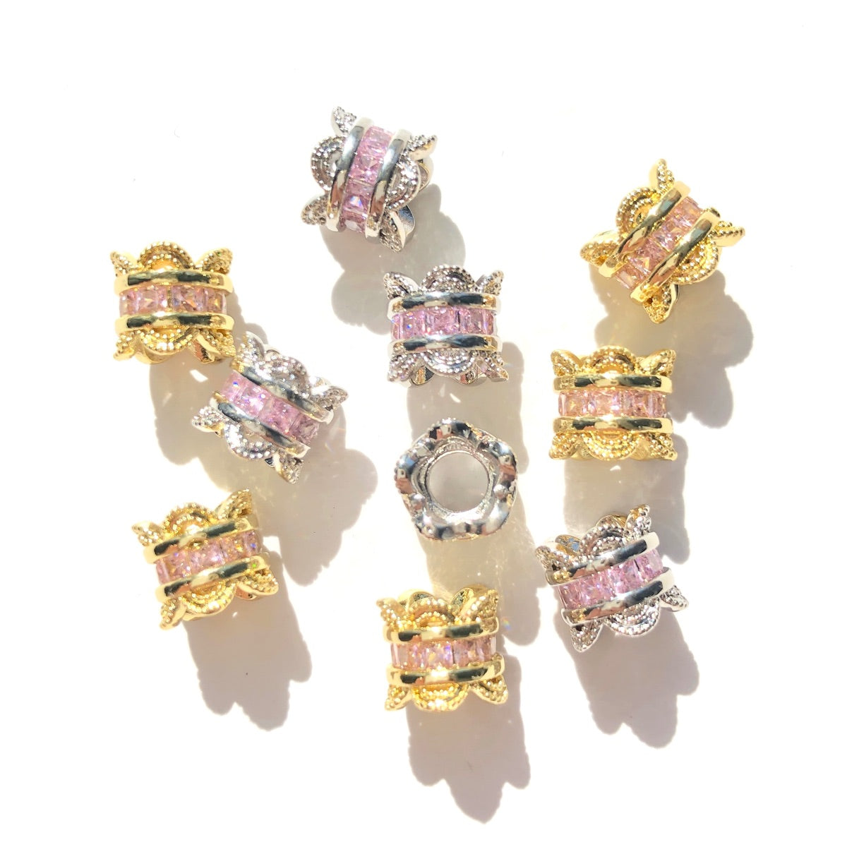 10-20-50pcs/lot 10mm Pink CZ Paved Big Hole Flower Rondelle Wheel Spacers Mix Colors CZ Paved Spacers Big Hole Beads New Spacers Arrivals Rondelle Beads Wholesale Charms Beads Beyond
