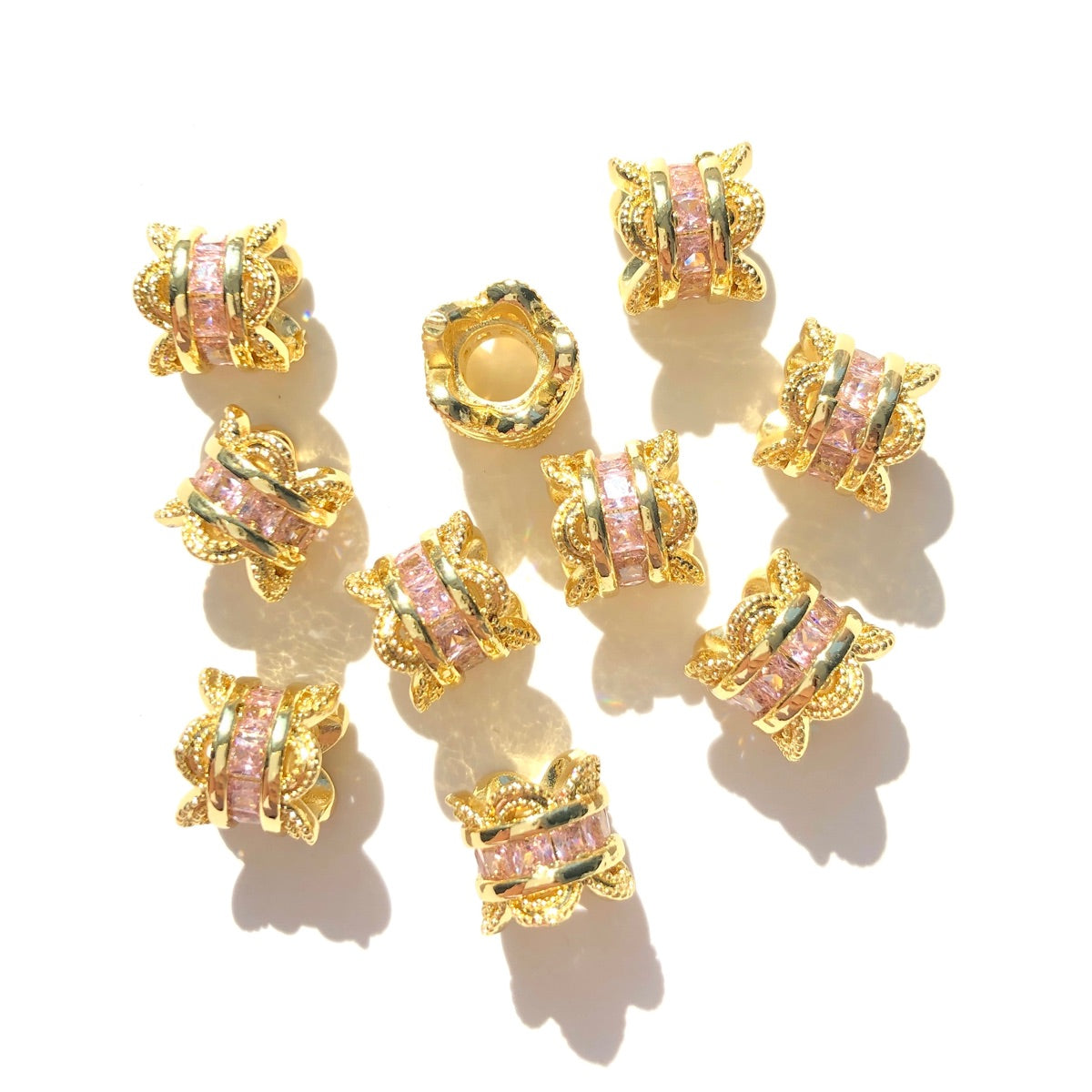10-20-50pcs/lot 10mm Pink CZ Paved Big Hole Flower Rondelle Wheel Spacers Gold CZ Paved Spacers Big Hole Beads New Spacers Arrivals Rondelle Beads Wholesale Charms Beads Beyond