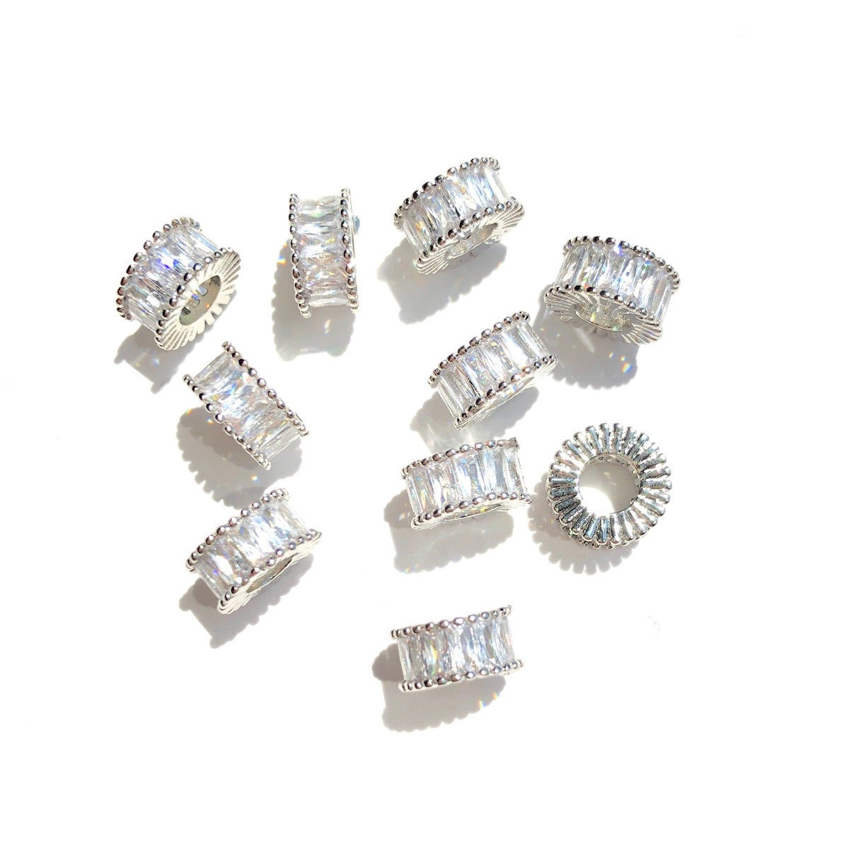 10-20-50pcs/lot 8mm Rectangle CZ Paved Rondelle Wheel Spacers Silver CZ Paved Spacers Big Hole Beads New Spacers Arrivals Rondelle Beads Wholesale Charms Beads Beyond