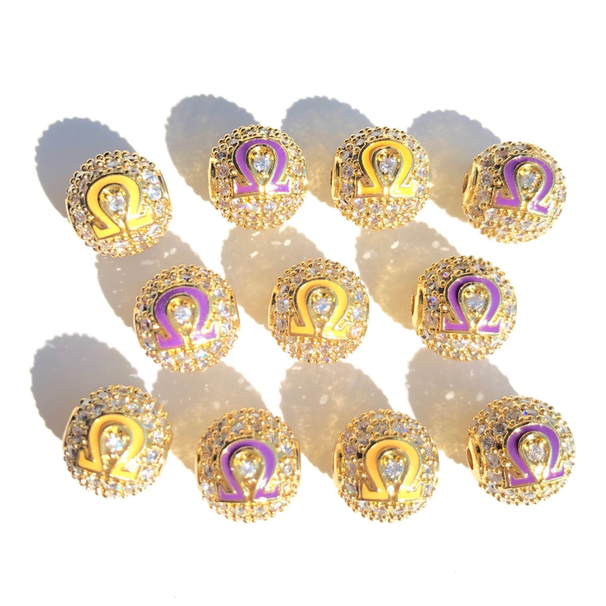 12pcs/lot 10mm Purple Yellow Enamel CZ Paved Greek Letter "Ψ", "Φ", "Ω" Ball Spacers Beads 12 Gold Ω CZ Paved Spacers 10mm Beads Ball Beads Greek Letters New Spacers Arrivals Charms Beads Beyond