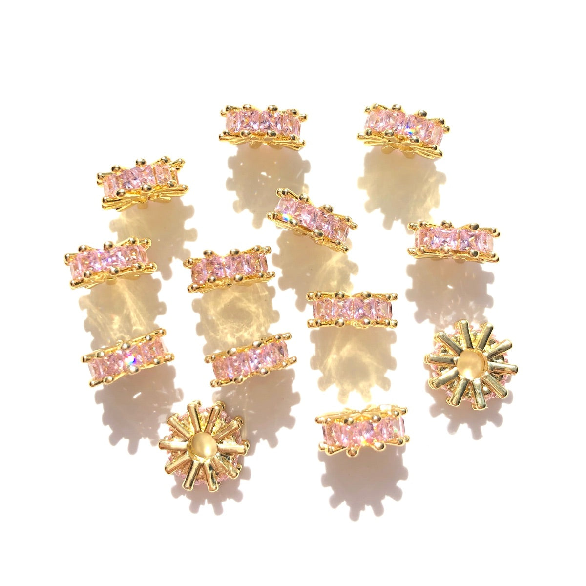 20-50pcs/lot 8mm Pink Square CZ Paved Rondelle Wheel Spacers Gold CZ Paved Spacers Big Hole Beads New Spacers Arrivals Rondelle Beads Wholesale Charms Beads Beyond