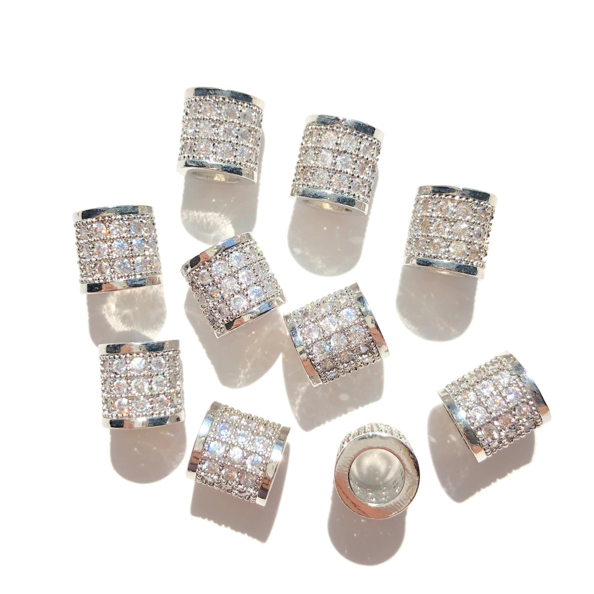 10-20-50pcs/lot 8*8mm CZ Paved Big Hole Tube Rondelle Wheel Spacers Silver CZ Paved Spacers Big Hole Beads New Spacers Arrivals Rondelle Beads Wholesale Charms Beads Beyond