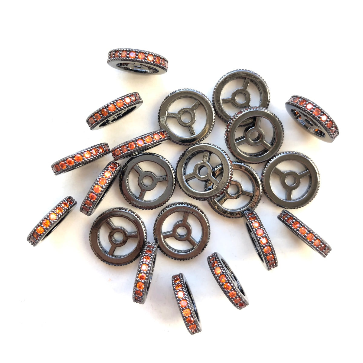 20pcs/lot 9.6/12mm Reddish Orange CZ Paved Wheel Rondelle Spacers Black CZ Paved Spacers New Spacers Arrivals Rondelle Beads Charms Beads Beyond