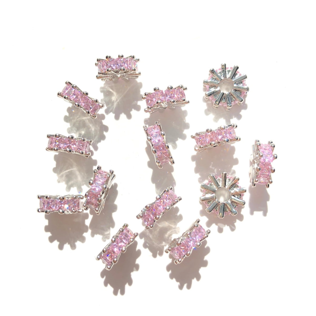 20-50pcs/lot 8mm Pink Square CZ Paved Rondelle Wheel Spacers Silver CZ Paved Spacers Big Hole Beads New Spacers Arrivals Rondelle Beads Wholesale Charms Beads Beyond