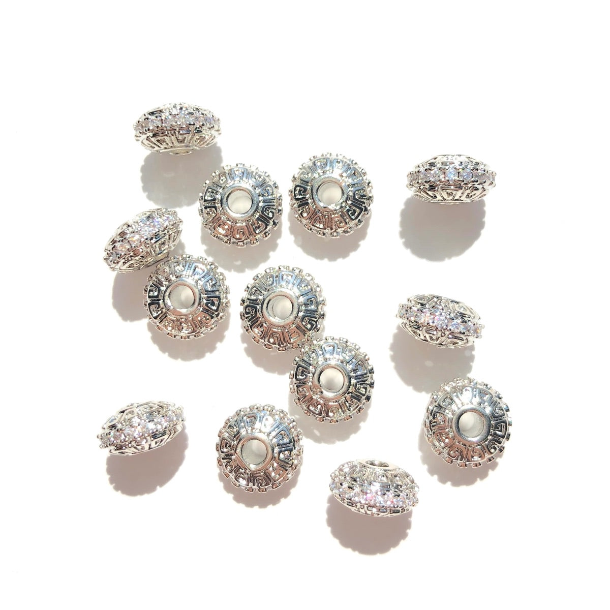20-50pcs/lot 7.7mm CZ Paved Rondelle Wheel Spacers Silver CZ Paved Spacers New Spacers Arrivals Rondelle Beads Wholesale Charms Beads Beyond