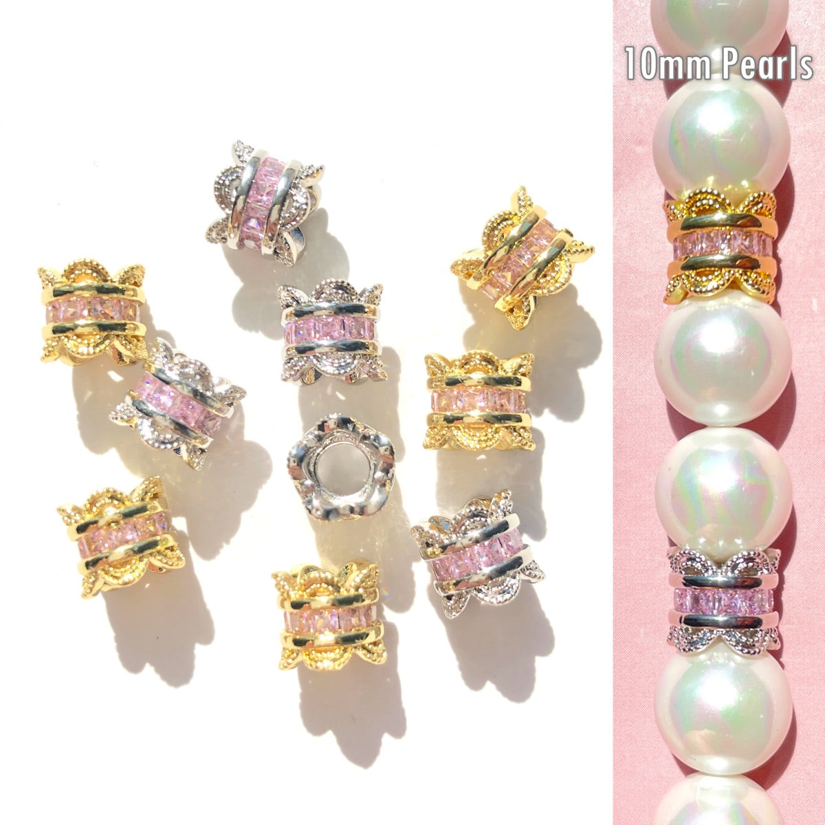 10-20-50pcs/lot 10mm Pink CZ Paved Big Hole Flower Rondelle Wheel Spacers CZ Paved Spacers Big Hole Beads New Spacers Arrivals Rondelle Beads Wholesale Charms Beads Beyond