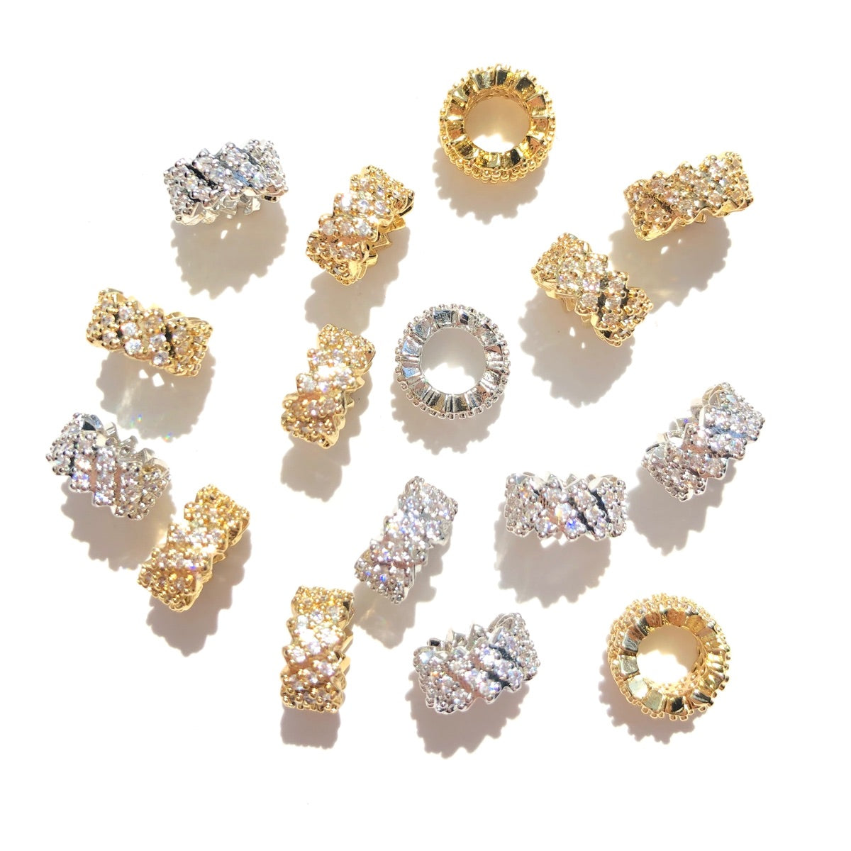 10-20-50pcs/lot 7.7mm CZ Paved Big Hole Rondelle Wheel Spacers Mix Colors CZ Paved Spacers Big Hole Beads New Spacers Arrivals Rondelle Beads Wholesale Charms Beads Beyond