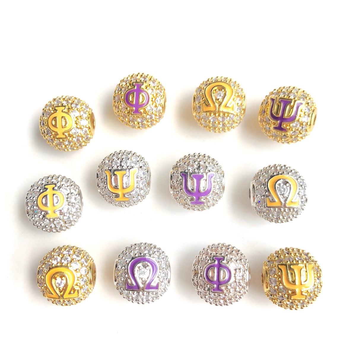 12pcs/lot 10mm Purple Yellow Enamel CZ Paved Greek Letter "Ψ", "Φ", "Ω" Ball Spacers Beads Mix Gold Silver-2 Letters Each CZ Paved Spacers 10mm Beads Ball Beads Greek Letters New Spacers Arrivals Charms Beads Beyond