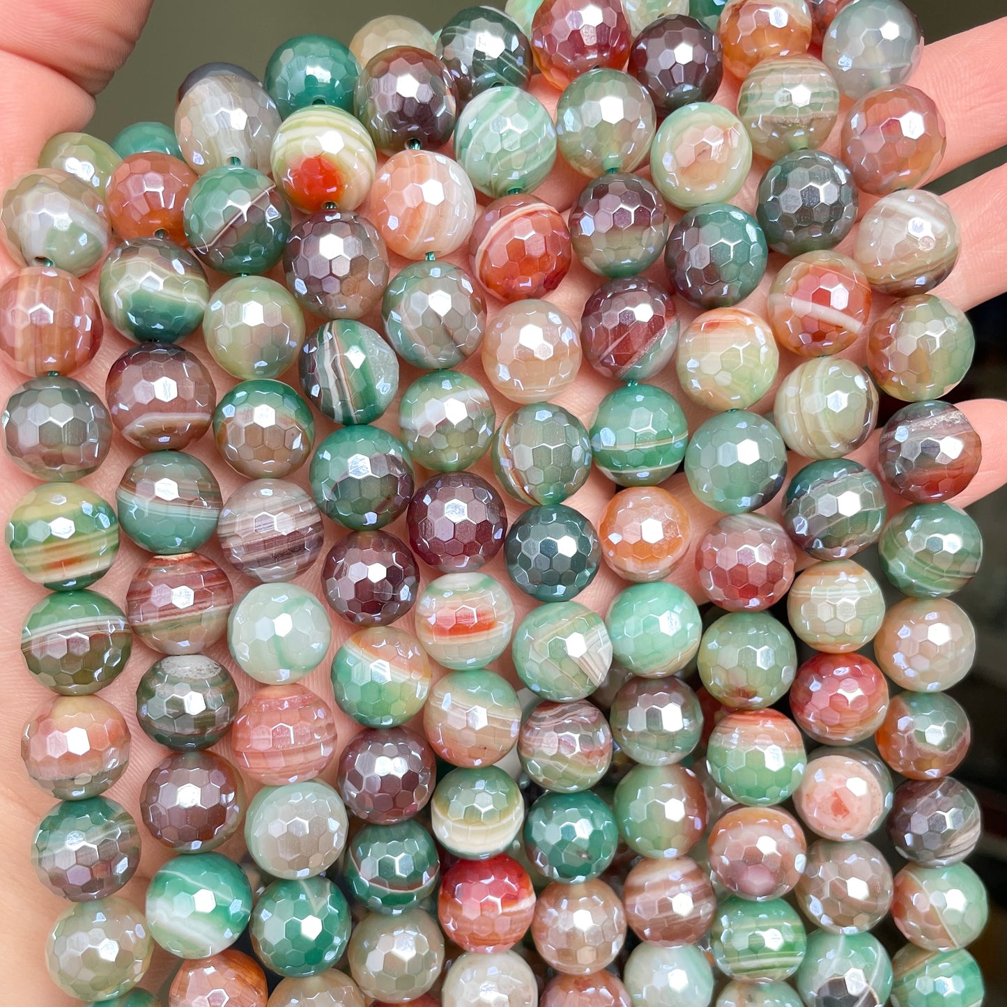 10, 12mm Electroplated Green Orange Banded Agate Stone Faceted Beads-Grade A Premium Quality Electroplated Beads 12mm Stone Beads New Beads Arrivals Premium Quality Agate Beads Charms Beads Beyond