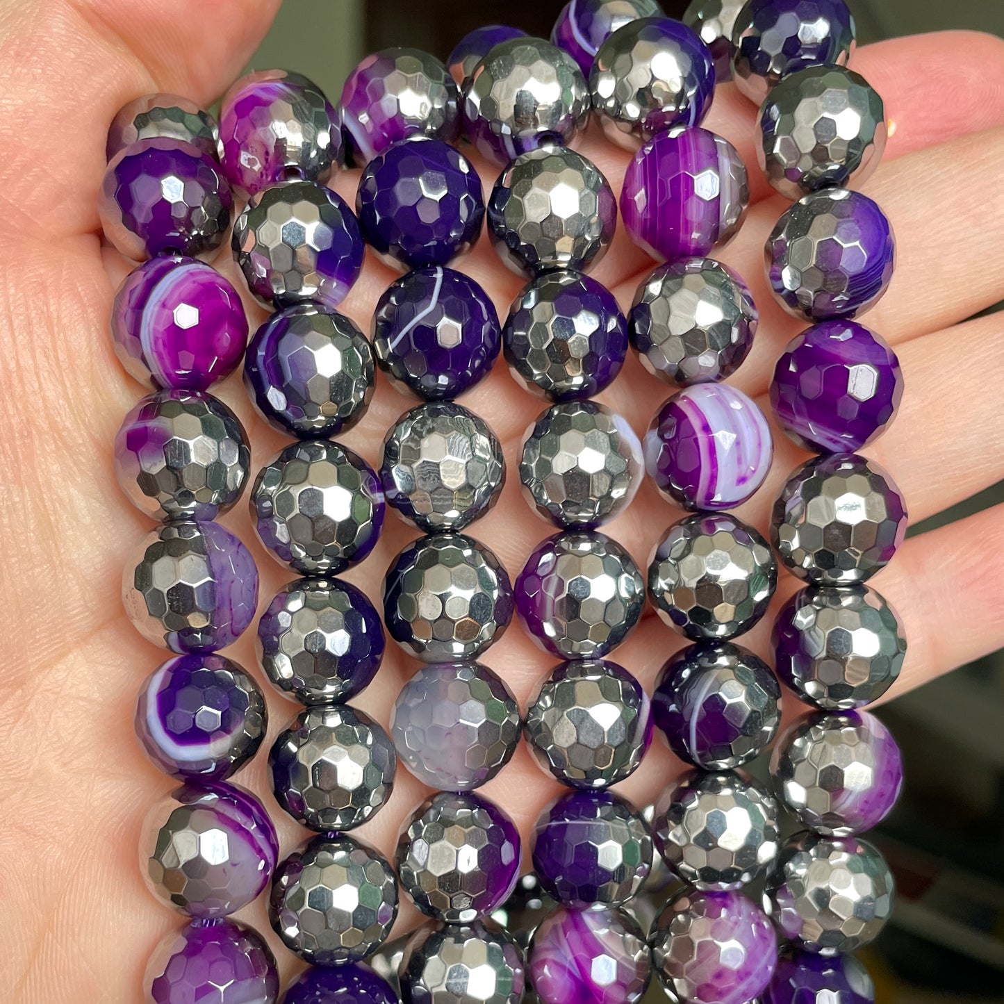 12mm Half Silver Electroplated Purple Banded Agate Stone Faceted Beads--Grade A Premium Quality Electroplated Beads 12mm Stone Beads New Beads Arrivals Premium Quality Agate Beads Charms Beads Beyond