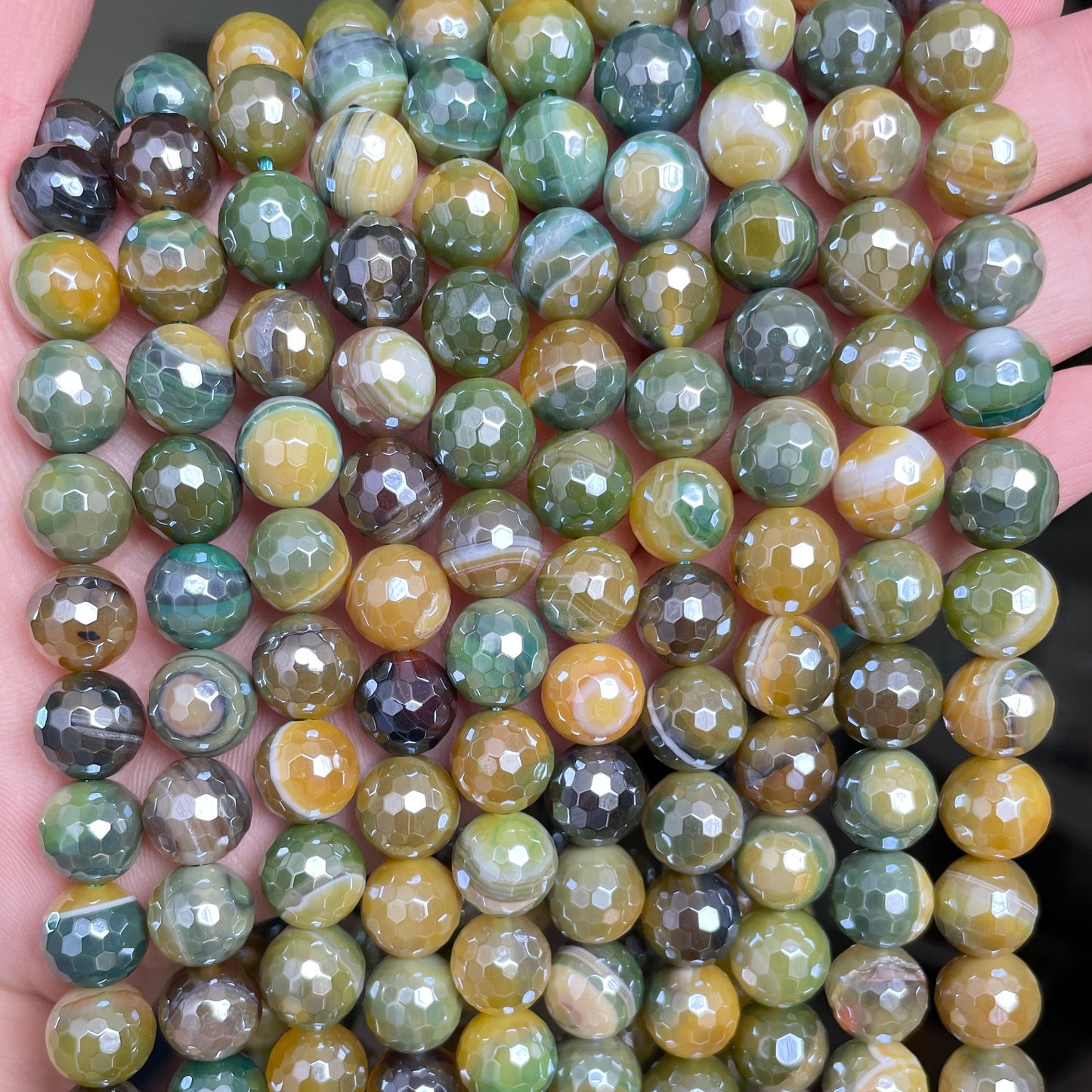 10, 12mm Electroplated Green Yellow Banded Agate Stone Faceted Beads-Grade A Premium Quality Electroplated Beads 12mm Stone Beads New Beads Arrivals Premium Quality Agate Beads Charms Beads Beyond