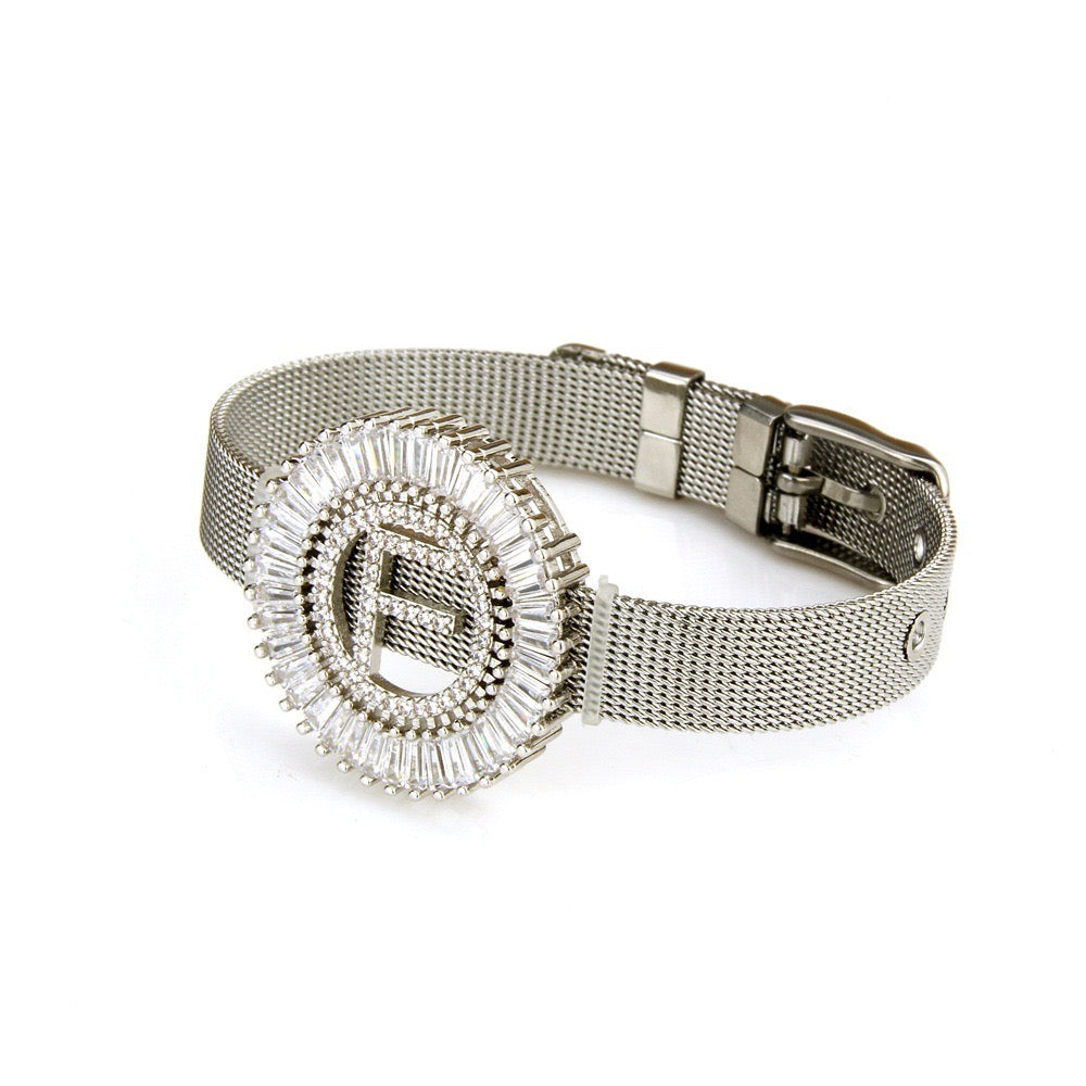 10pcs/lot CZ Paved Initial Alphabet Charm Stainless Steel Bracelet -Silver Women Bracelets Charms Beads Beyond