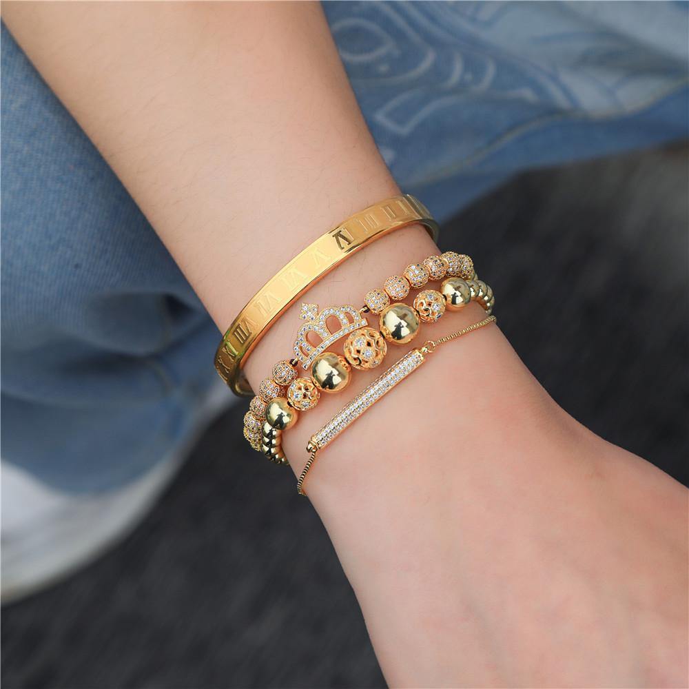 4pcs/set CZ Paved Crown Bracelet & Bangle Set Men Bracelets Charms Beads Beyond