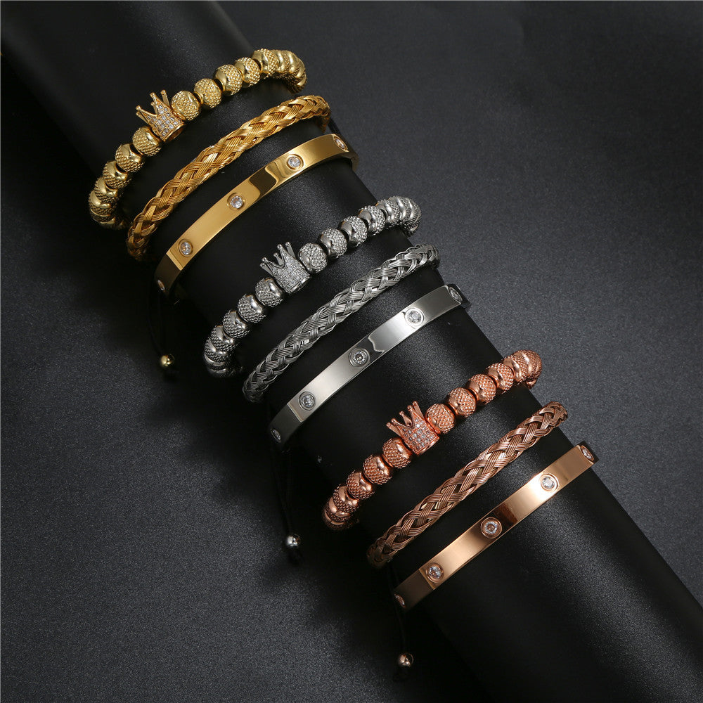 3pcs/Set CZ Paved Crown Bracelet & Crystal Stainless Steel Bangle Set Men Bracelets Charms Beads Beyond