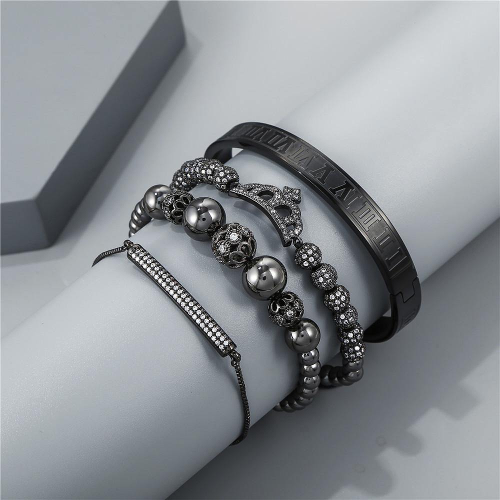 4pcs/set CZ Paved Crown Bracelet & Bangle Set Men Bracelets Charms Beads Beyond