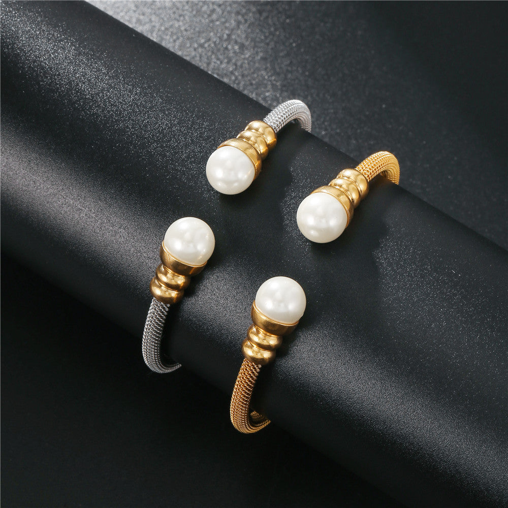 5pcs/lot Stainless Steel Pearl Open Bangle for Women Women Bracelets Charms Beads Beyond